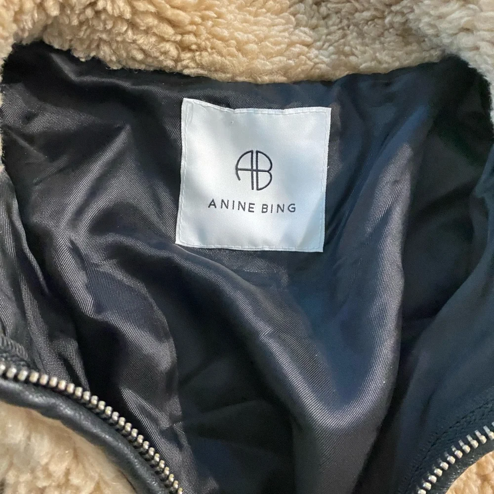 Anine Bing Ryder Jacket Sherpa Women's Med Tan Black Full Zip Pockets‎